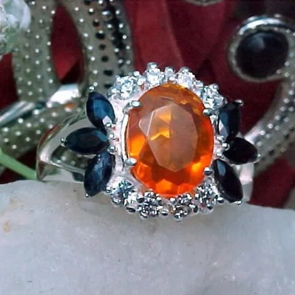 NATURAL MEXICAN FIRE OPAL RING AAA++ 9x7mm FACETED & BLUE SAPPHIRE 925 SS - Picture 7 of 11